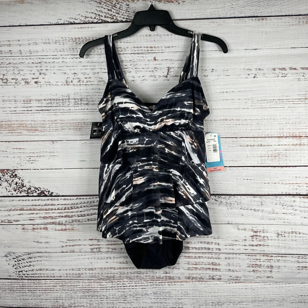 Swim Solutions Coastal Plates Black Tiered Tummy Control One-Piece Size 8 - Picture 3 of 9
